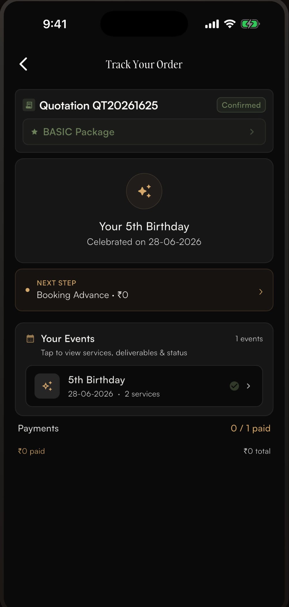Tracking a quotation, package and payments inside the OOAK Exclusive app